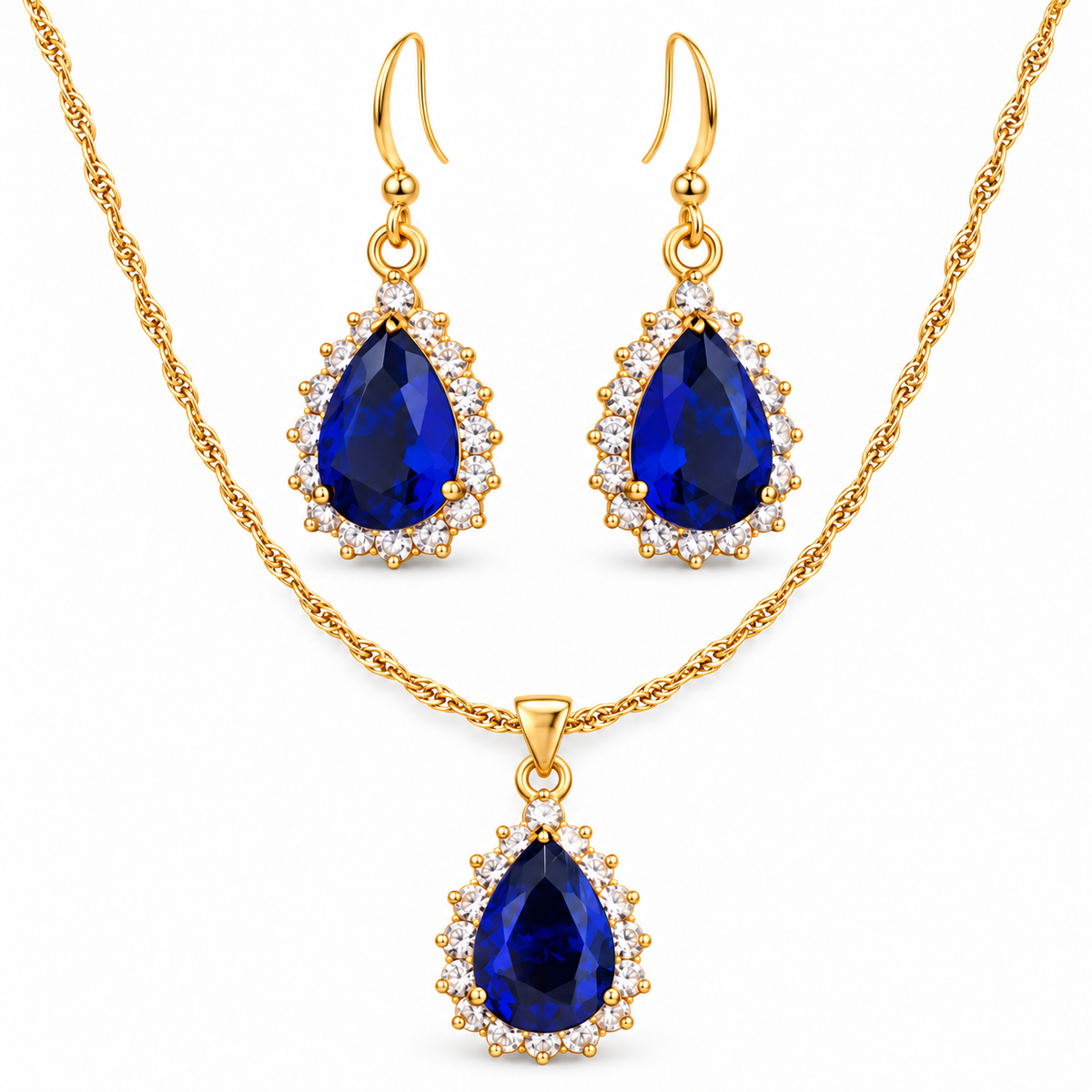 Rosie Gold Pear Halo Pendant Earrings Set | Elevate Your Elegance with Gold Pear Cut Set