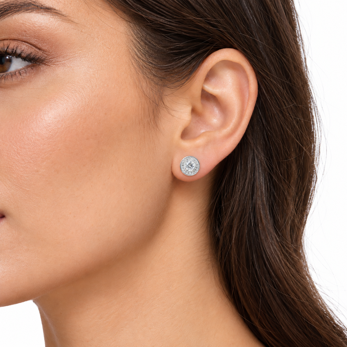 Poppy silver pavé stud earring worn on a model