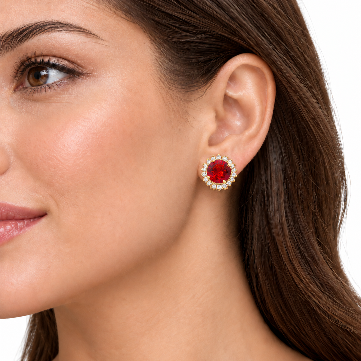 Una red gold plated stud earring worn on a model