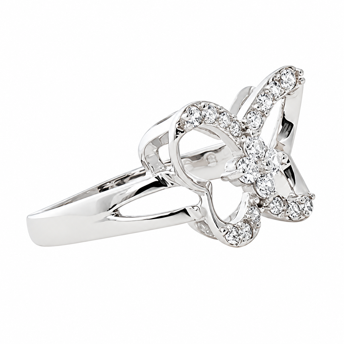 Nessa sterling silver butterfly ring, side view on white
