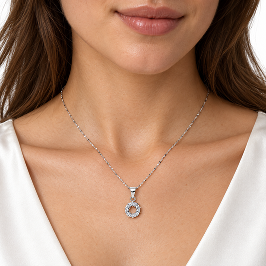 Pippin silver open halo necklace worn by a model