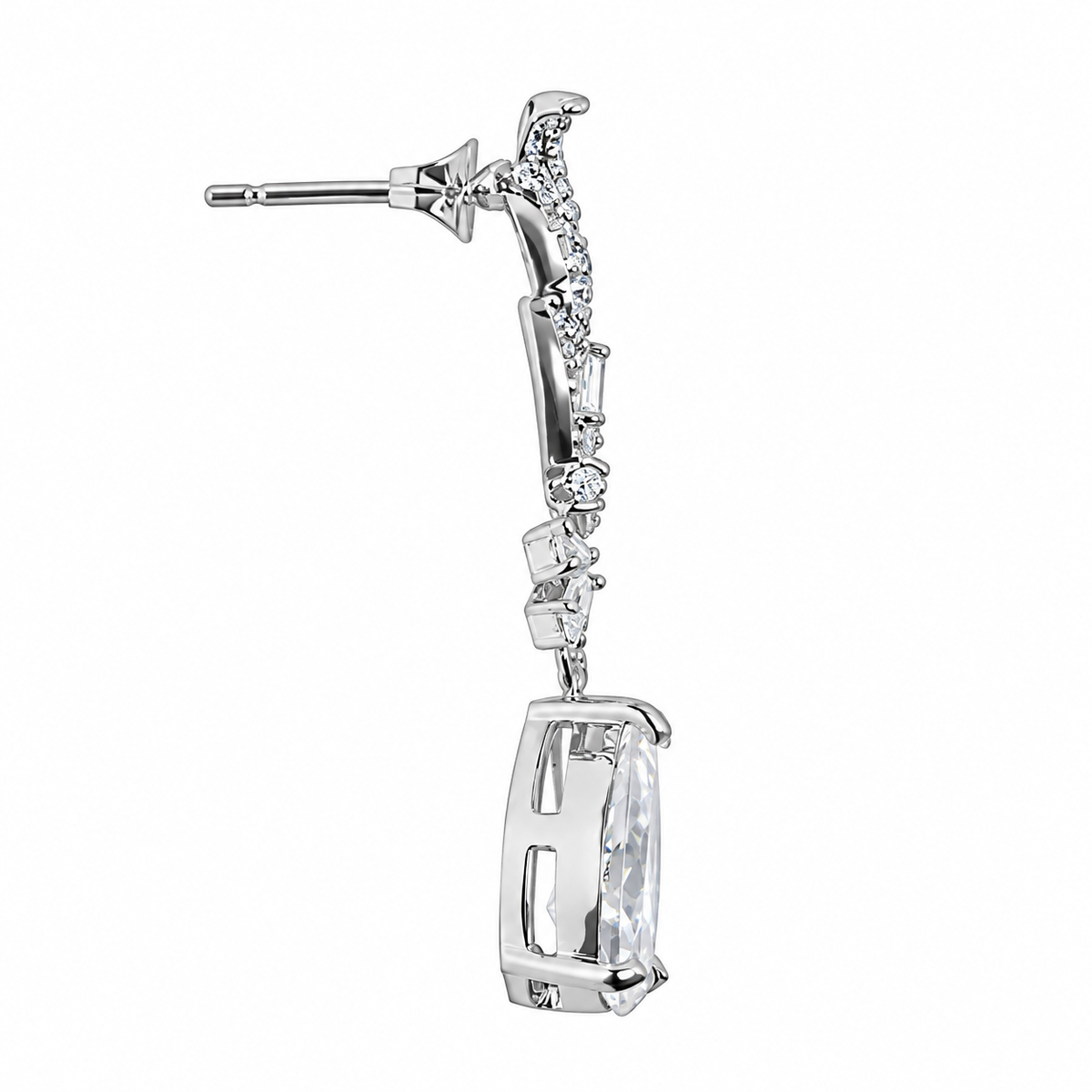 Beaumont silver pear drop earring side profile on white