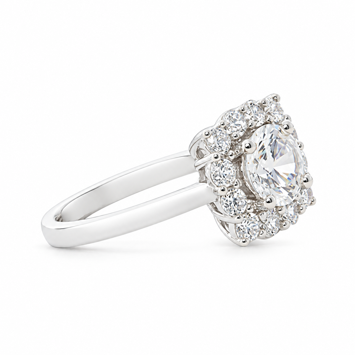 Crest sterling silver halo ring, angled side view