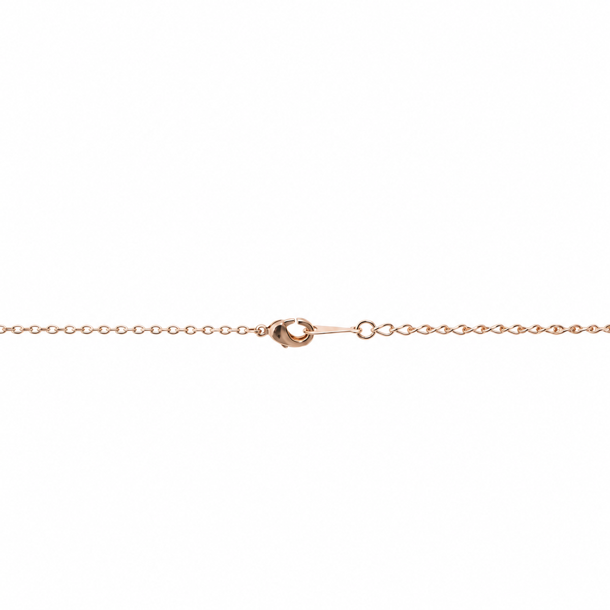 Sui necklace's pale rose gold clasp and fine oval-link chain against a white background.