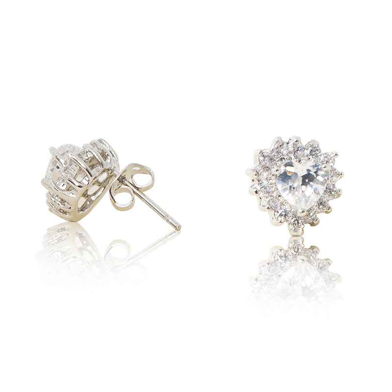 Lainey Heart Halo Stud Earrings - Elegant Rhodium-Plated Beauty for Everyday Sophistication