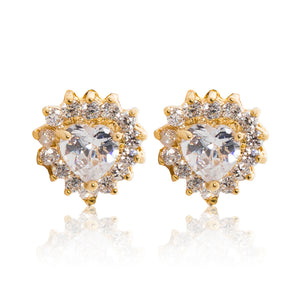 A beautiful tribute to the heart. Delicate 18ct yellow gold plated studs with clear cubic zirconia stones framing a subtle clear heart at the centre. 