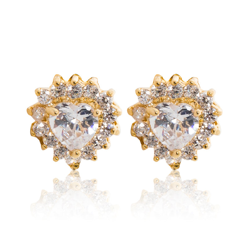 A beautiful tribute to the heart. Delicate 18ct yellow gold plated studs with clear cubic zirconia stones framing a subtle clear heart at the centre. 