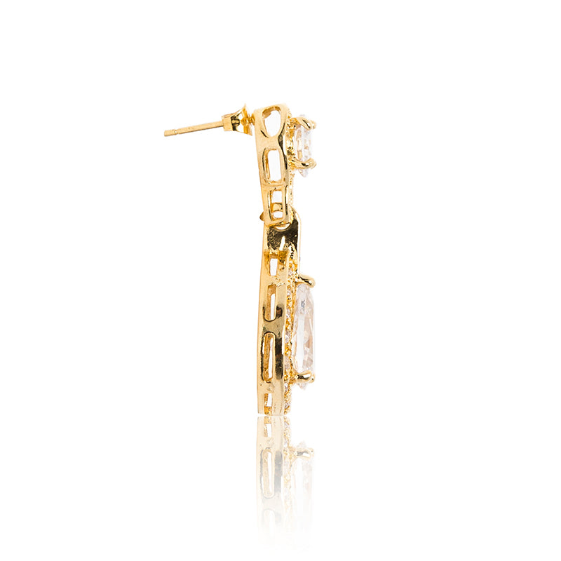 Dazzling 18ct yellow gold plated earrings with centre stones of clear cubic zirconia framed by clear cubic zirconia stones. Side view (Butterfly and pole closure)