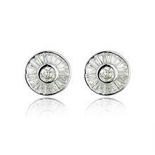 Load image into Gallery viewer, Rhodium plated round baguette cut halo with a brilliant cut cubic zirconia centre stud earrings.

