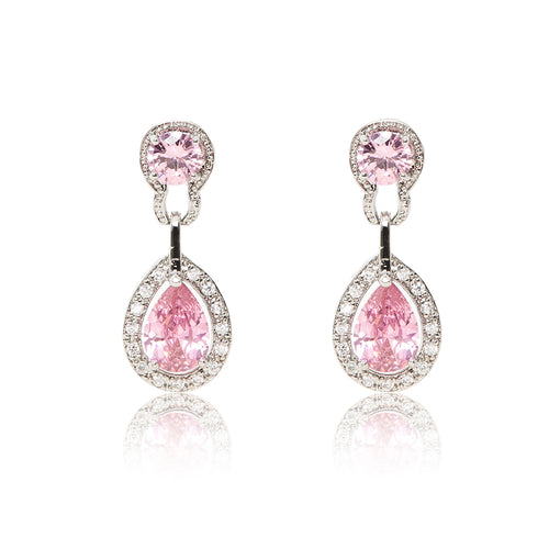 Dazzling rhodium plated earrings with centre stones of pink cubic zirconia framed by clear cubic zirconia stones.