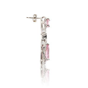 Dazzling rhodium plated earrings with centre stones of pink cubic zirconia framed by clear cubic zirconia stones. Side view (Butterfly and pole closure)