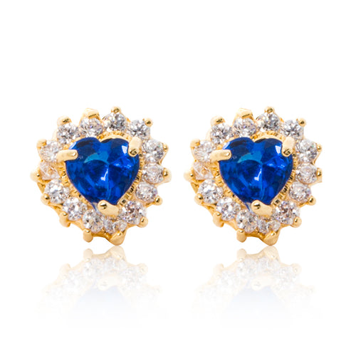 A beautiful tribute to the heart. Delicate 18ct yellow gold plated studs with cubic zirconia stones framing a subtle blue heart at the centre.