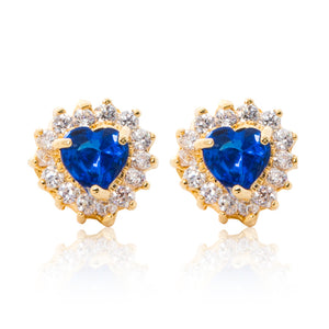A beautiful tribute to the heart. Delicate 18ct yellow gold plated studs with cubic zirconia stones framing a subtle blue heart at the centre.