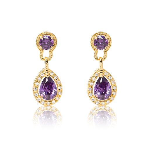 Dazzling 18ct yellow gold plated earrings with centre stones of purple cubic zirconia framed by clear cubic zirconia stones.