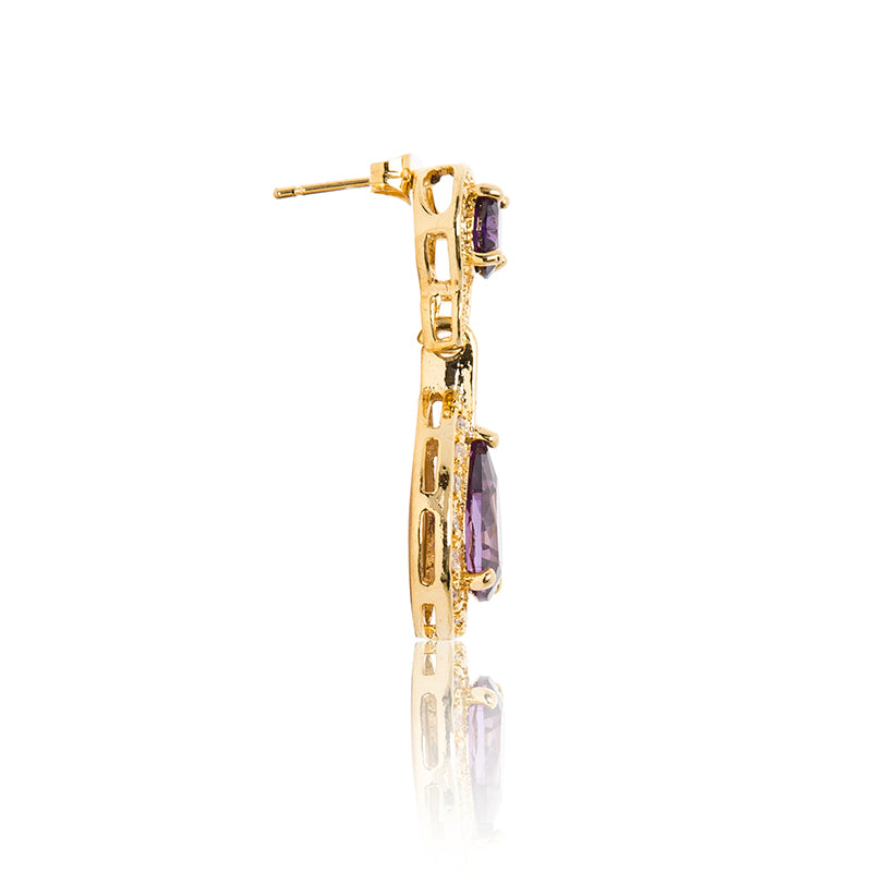 Dazzling 18ct yellow gold plated earrings with centre stones of purple cubic zirconia framed by clear cubic zirconia stones. Side view (Butterfly and pole closure)