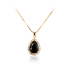 Load image into Gallery viewer, 18ct Gold plated, black cubic zirconia pear cut centre stone with a clear cubic zirconia stone halo pendant and chain.
