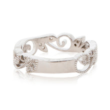Load image into Gallery viewer, Rhodium plated filigree beaded ring band in silver colour resizing plated back view
