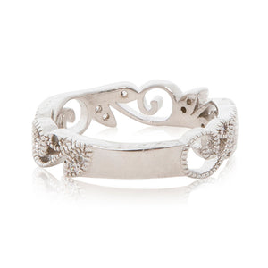 Rhodium plated filigree beaded ring band in silver colour resizing plated back view