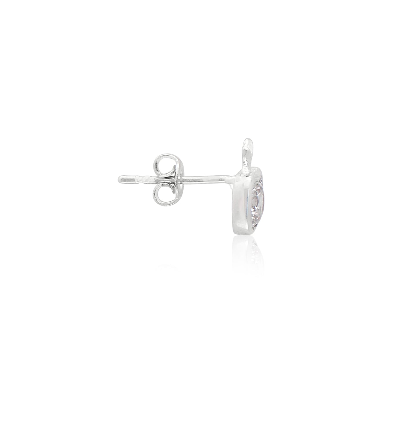 Platinum finished apple stud earrings with a round brilliant cubic zirconia centre. For pierced ears. Side view (Butterfly and pole closure)