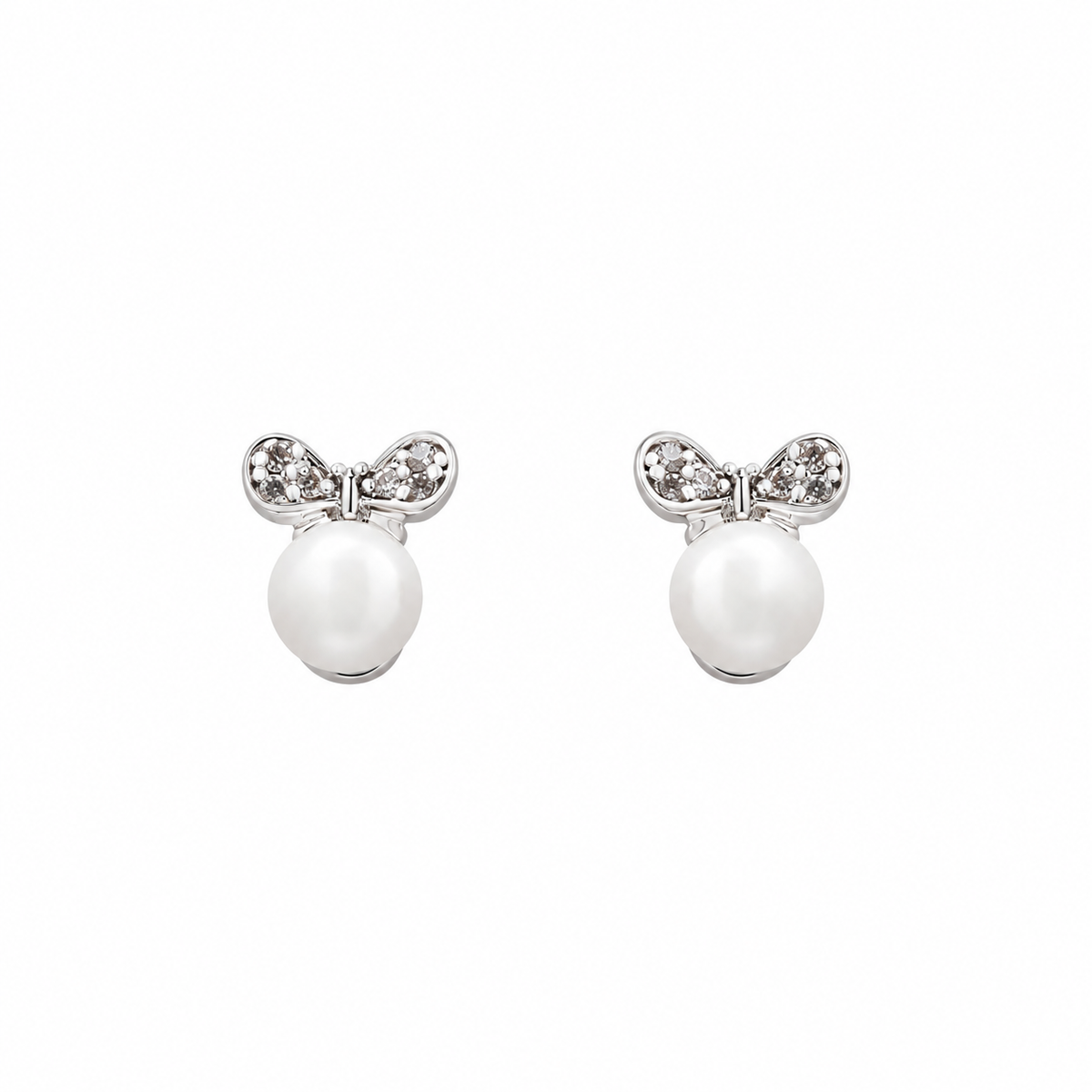 Arabella Freshwater Pearl Bow Stud Earrings | Rhodium Plated - Sofia Waldorf London