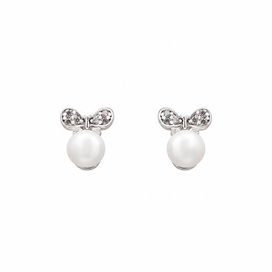 Arabella Freshwater Pearl Bow Stud Earrings | Rhodium Plated - Sofia Waldorf London