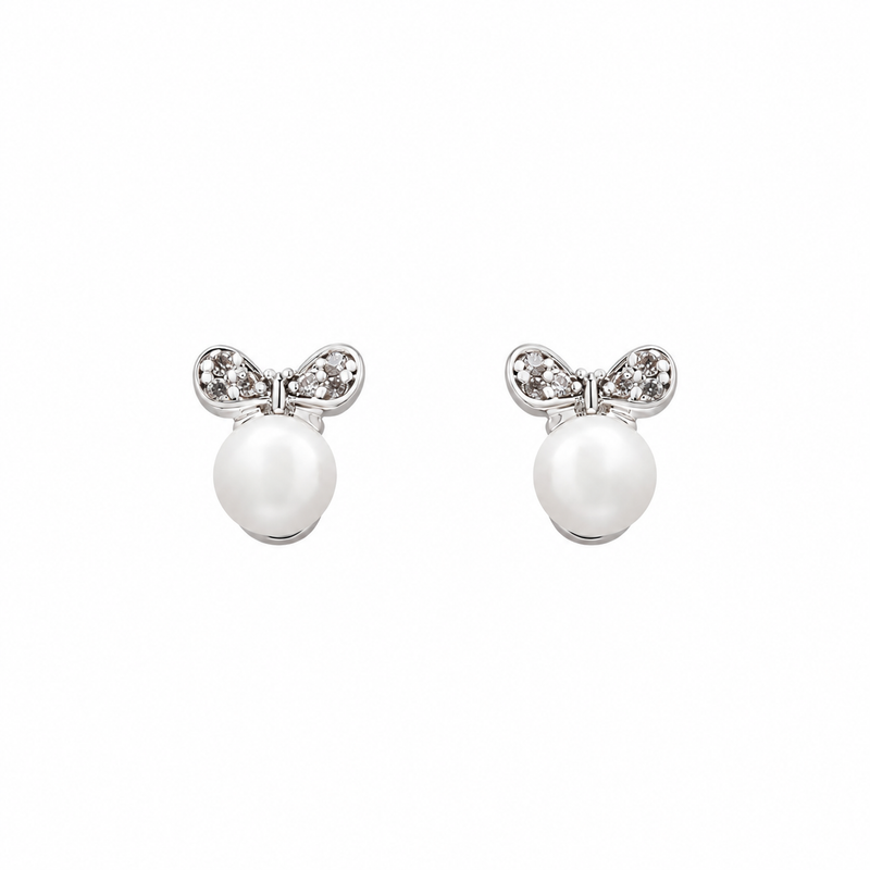Arabella Freshwater Pearl Bow Stud Earrings | Rhodium Plated - Sofia Waldorf London