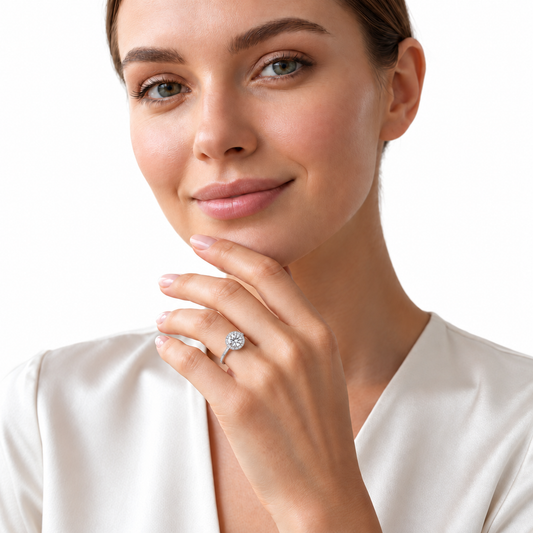 Model wearing the delicate Chloe sterling silver halo ring on a white background