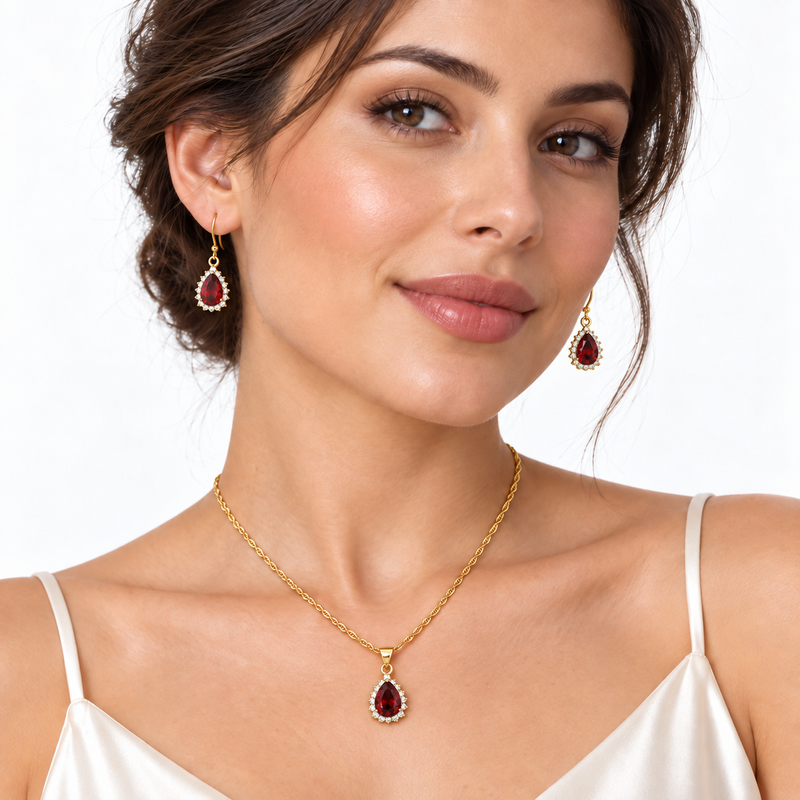 Rosie Gold Pear Halo Pendant Earrings Set | Elevate Your Elegance with Gold Pear Cut Set