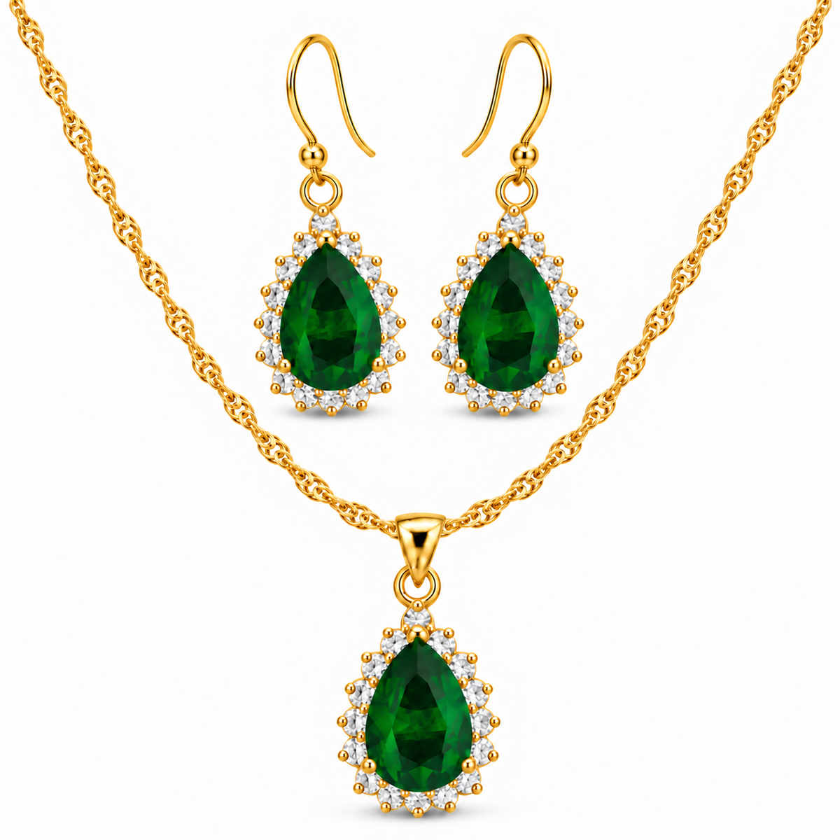 Rosie Gold Pear Halo Pendant Earrings Set | Elevate Your Elegance with Gold Pear Cut Set