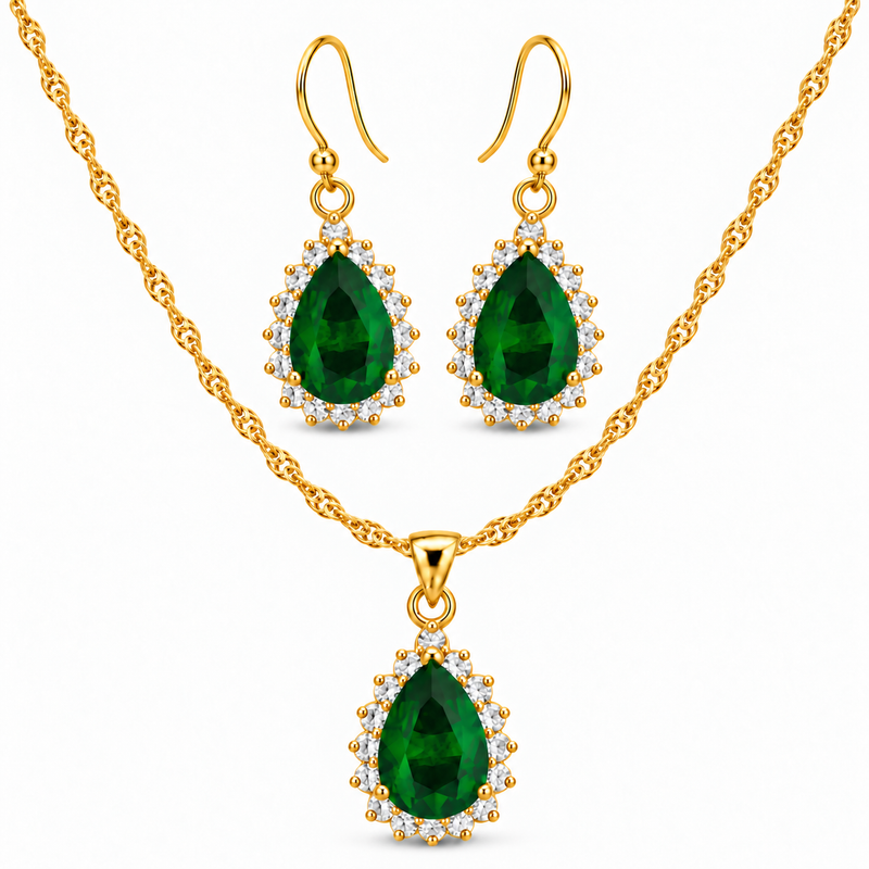 Rosie Gold Pear Halo Pendant Earrings Set | Elevate Your Elegance with Gold Pear Cut Set
