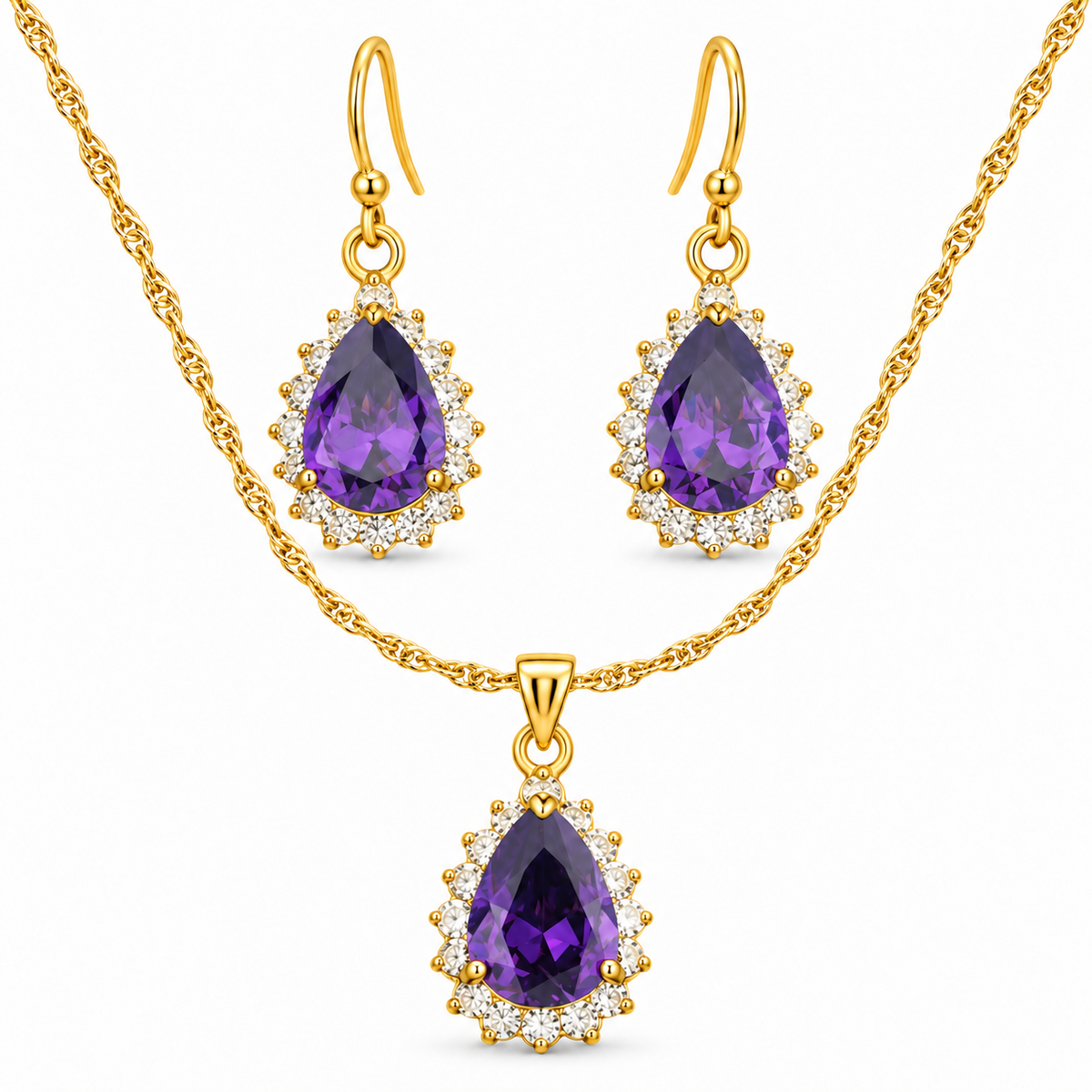 Rosie Gold Pear Halo Pendant Earrings Set | Elevate Your Elegance with Gold Pear Cut Set