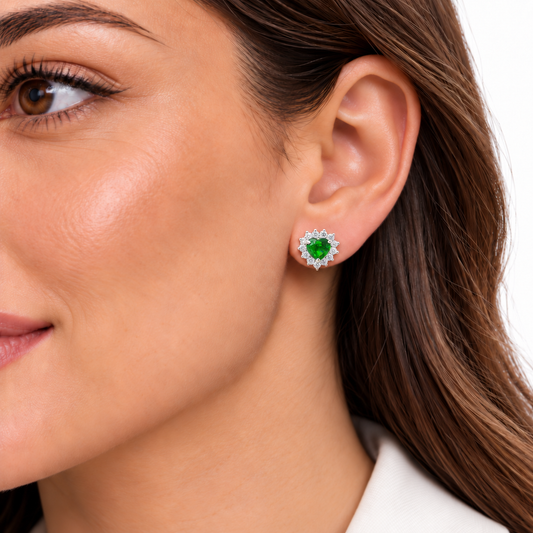 Green heart halo rhodium stud earrings E19 worn on a model