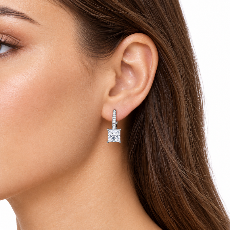 Camille princess cut earring worn on a model