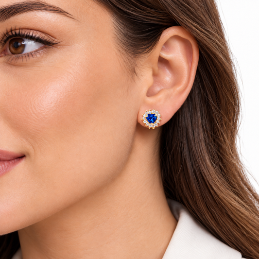 Blue heart halo gold stud earrings E6 worn on a model