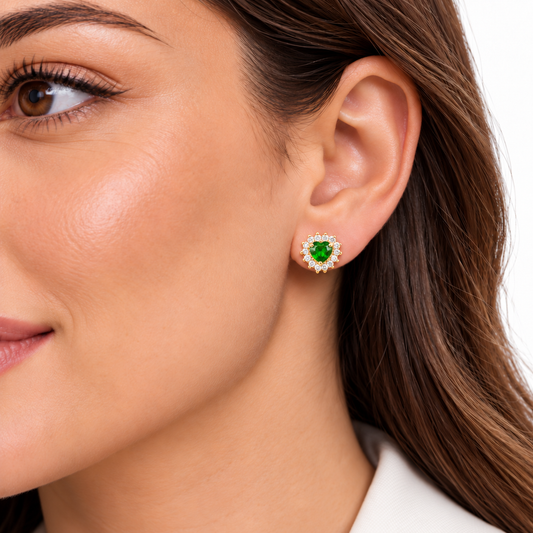 Green heart halo gold earrings E9 model