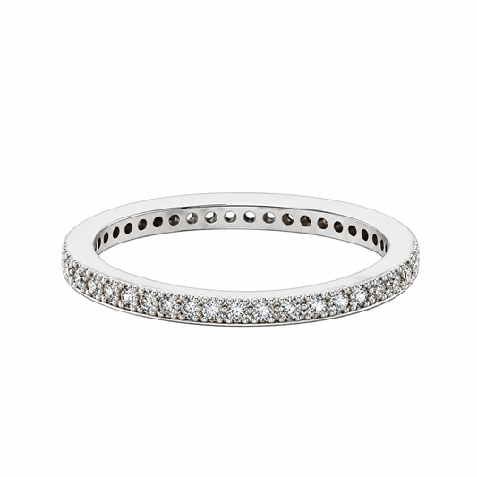 Esme rhodium plated eternity ring with a single row of cubic zirconia on white