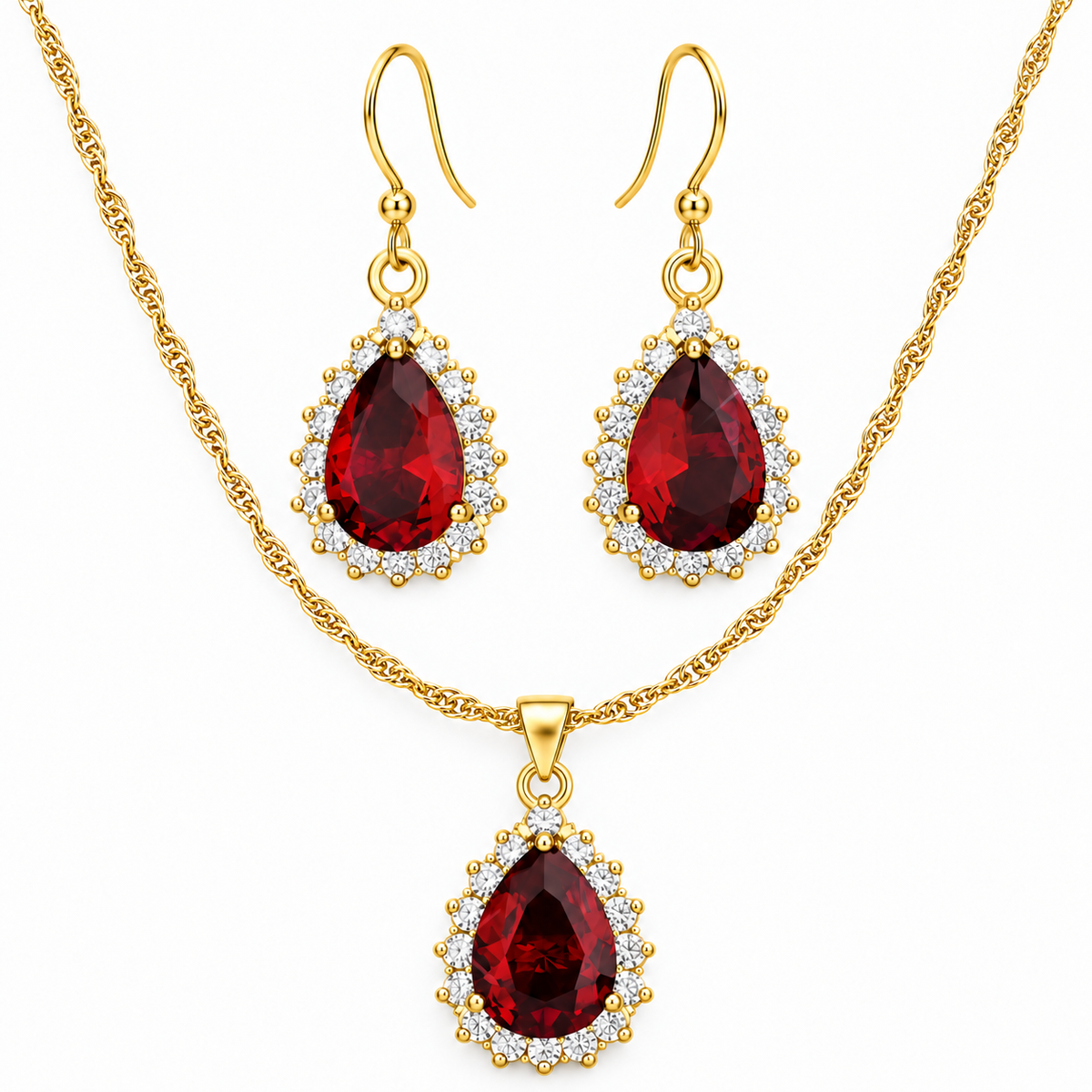 Rosie Gold Pear Halo Pendant Earrings Set | Elevate Your Elegance with Gold Pear Cut Set