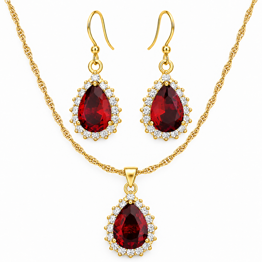Rosie Gold Pear Halo Pendant Earrings Set | Elevate Your Elegance with Gold Pear Cut Set