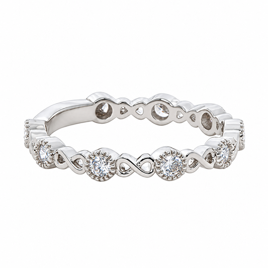 Harper rhodium plated ring with alternating round stones and infinity links on white