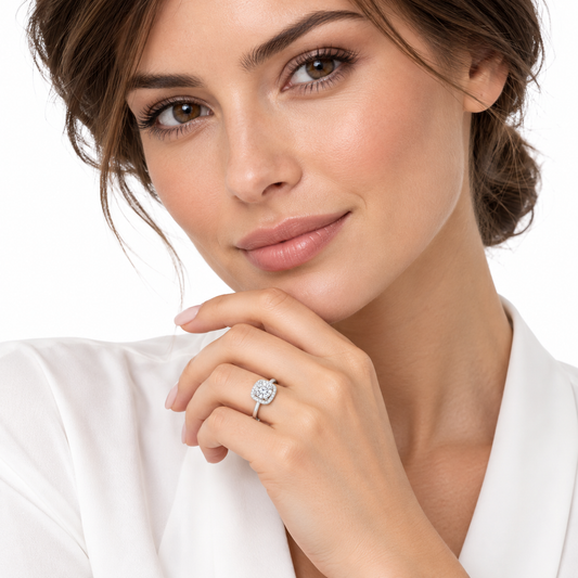 Model wearing the delicate Indigo sterling silver ring on white
