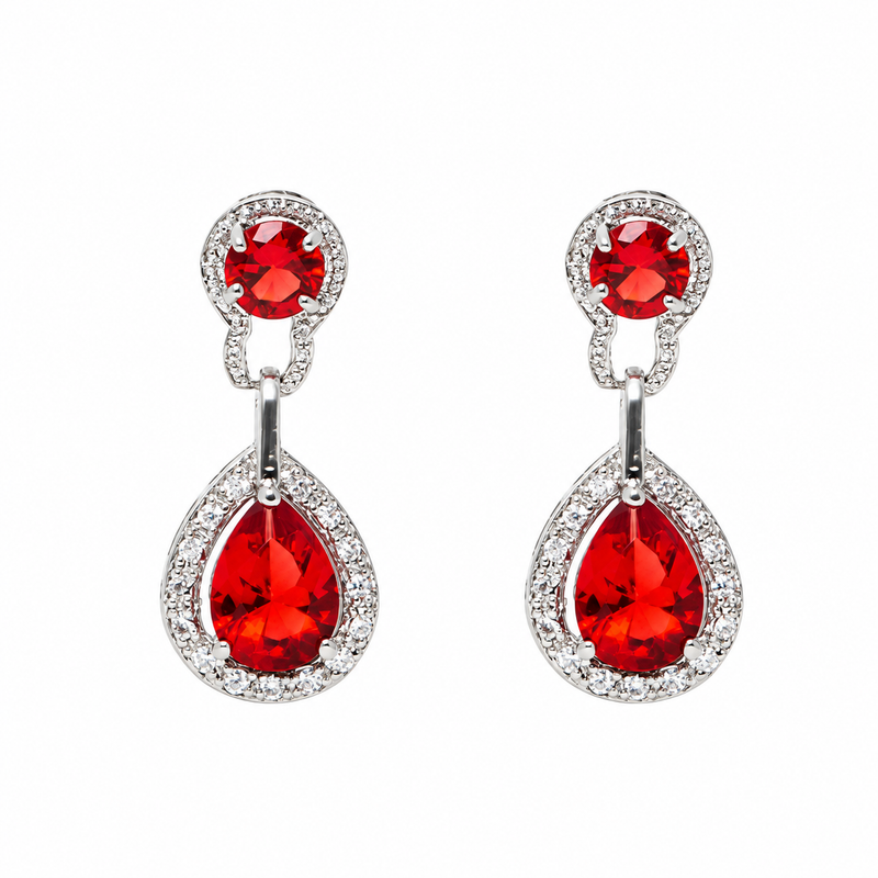 Mae Red and Silver Drop Earrings | Dazzling Rhodium Plated Elegance