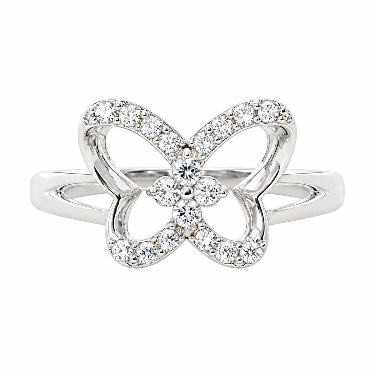Nessa sterling silver butterfly ring, front view on white