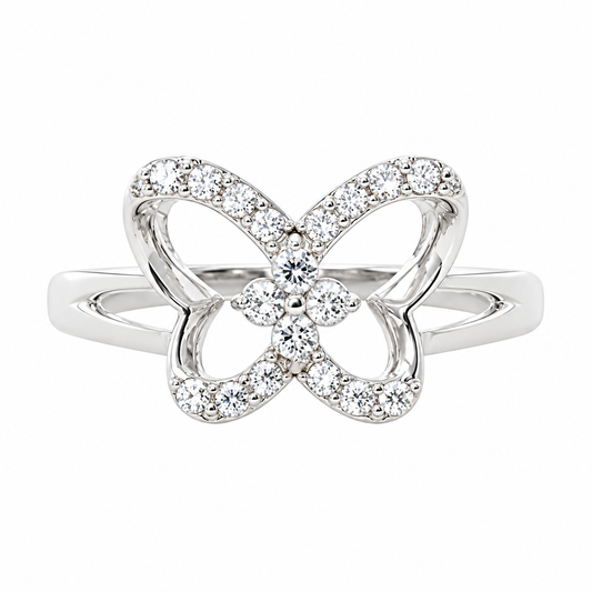 Nessa sterling silver butterfly ring, front view on white