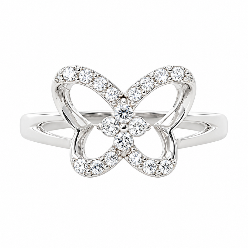 Nessa sterling silver butterfly ring, front view on white