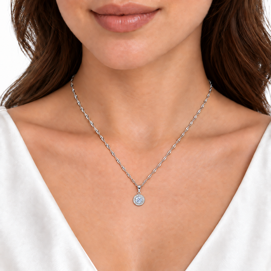 Phoebe silver necklace worn by a model