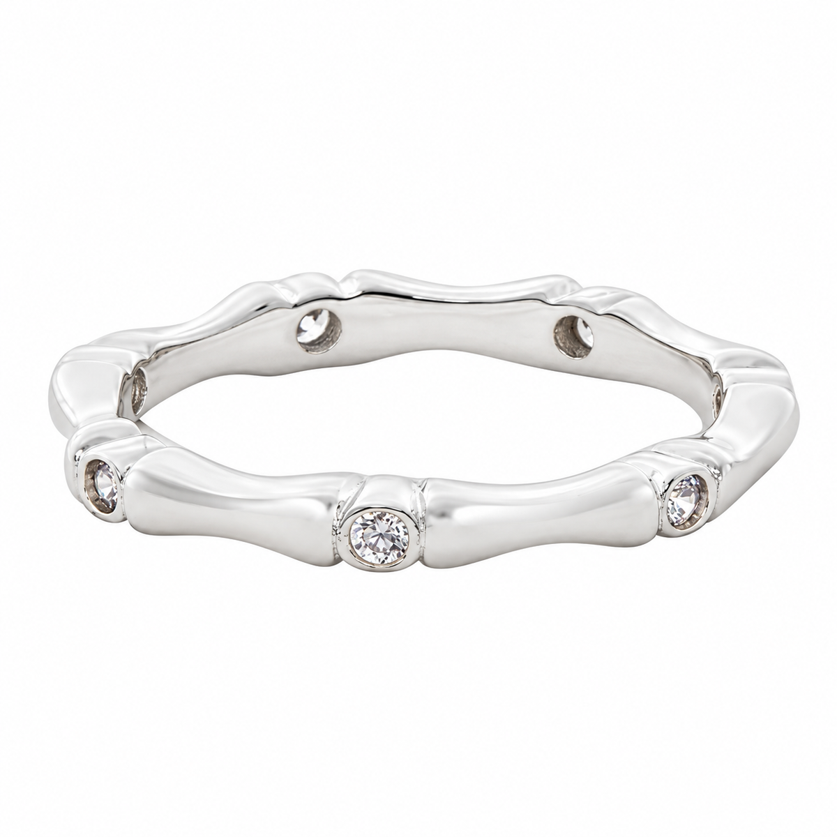 Sasa rhodium plated bamboo ring with spaced cubic zirconia on white