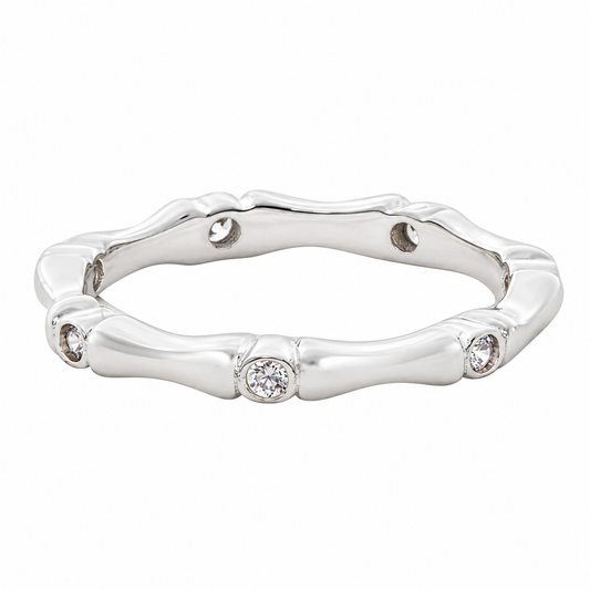 Sasa rhodium plated bamboo ring with spaced cubic zirconia on white