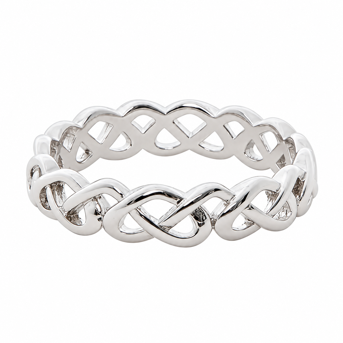 Twill rhodium plated entwined ring on white without reflection