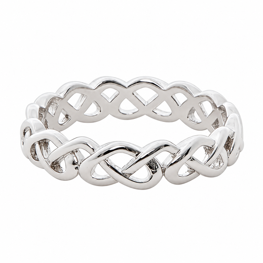 Twill rhodium plated entwined ring on white without reflection