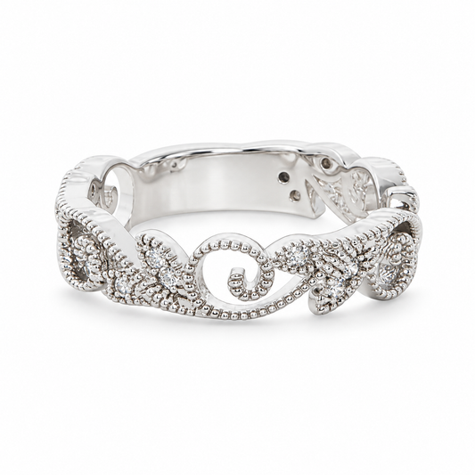 Anis rhodium plated leaf and swirl ring, front view